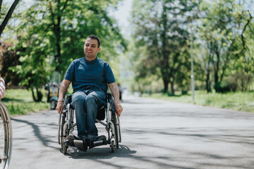 A cheerful man in a wheelchair navigating a sunny outdoor park pathway surrounded by greenery,...