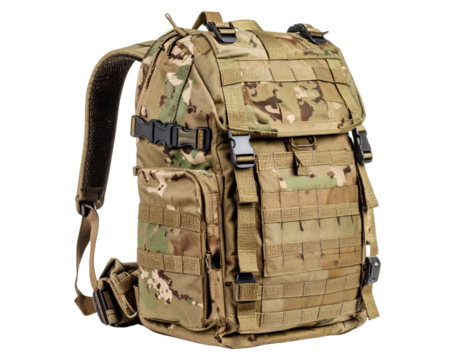 Military tactical backpack with camouflage pattern isolated on transparent background