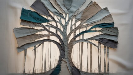 Textured fabric tree art piece representing HEAVILY CRAFTED concept  