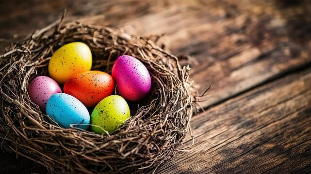 A bird's nest filled with colorful eggs, each with a different hue and speckled pattern, ready for Easter celebrations.