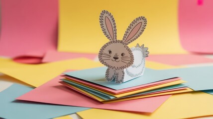 Cute bunny character popping up from colorful craft paper stack  