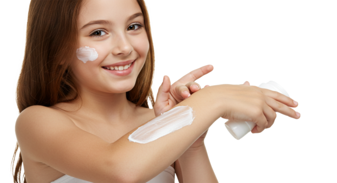 Smiling young girl applying moisturizer to her arm and face against a bright white backdrop