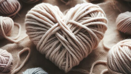 Yarn heart shaped in soft colors on a natural fabric background - Concept of HEAVILY CRAFTED  