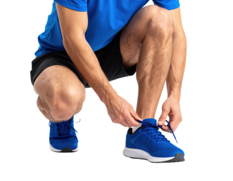 Athletic man in blue shirt tying running shoe laces before workout, preparing for fitness exercise routine
