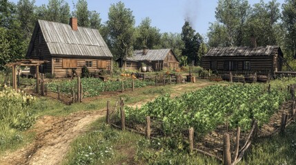 Fototapeta premium Rural Settlement: A Picturesque Log Cabin Village in the Countryside