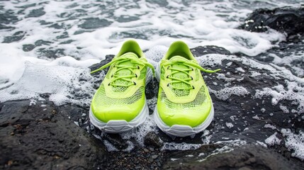 A pair of water shoes on a rocky shore, with waves crashing and foam forming around them