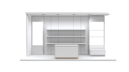 White display booth presents shelves and a counter for exhibiting products on transparent background.