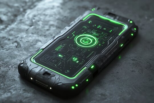 Futuristic Rugged Smartphone with Green Holographic Interface on Wet Surface