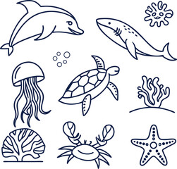 Playful,Cute Sea Animals ,Kids’ Ocean,Cartoon Underwater World,Whimsical Sea Creatures Set-Cute Sea Life Vector Icons for Children