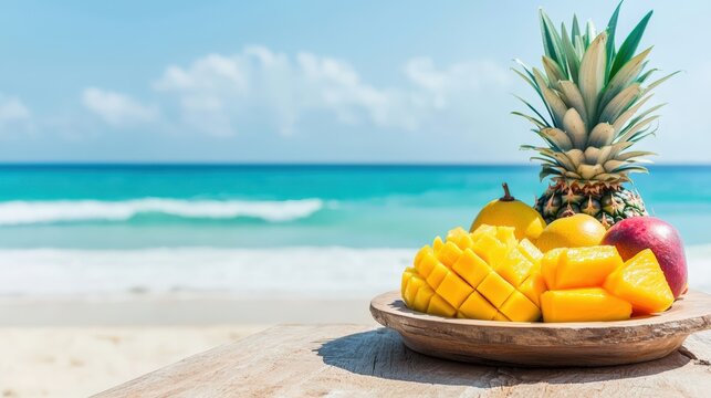 A tropical fruit platter with mango, pineapple, and papaya, placed on a wooden table by the beach