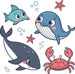 Playful, Cute Sea Animals ,Kids’ Ocean, Cartoon Underwater World, Whimsical Sea Creatures Set-Cute Sea Life Vector Icons for Children