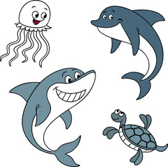 Playful,Cute Sea Animals ,Kids’ Ocean,Cartoon Underwater World,Whimsical Sea Creatures Set-Cute Sea Life Vector Icons for Children