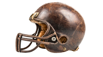 Vintage brown leather football helmet appears isolated on a transparent background.