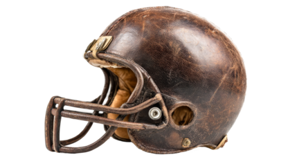 Vintage brown leather football helmet appears isolated on a transparent background.
