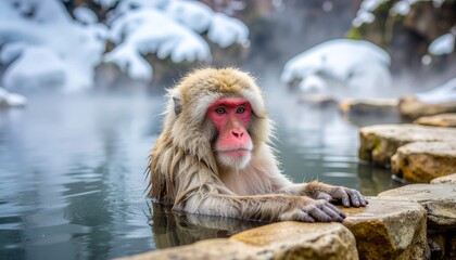Fototapeta premium 雪と温泉の楽園：日本の冬を彩る、くつろぐ日本猿