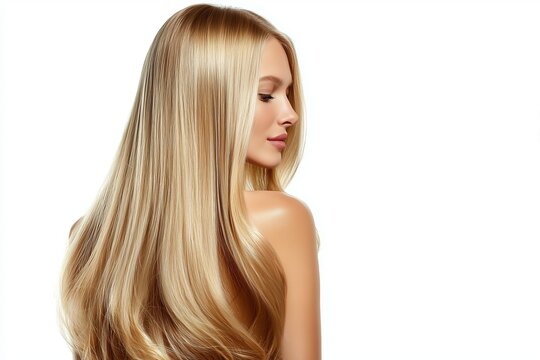Back view of blonde woman with shiny long straight hair looking down on white background.