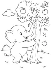 Coloring book elephant picking apples from a tree.