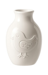 A ceramic vase with a bird motif embossed on its surface, great for a child's playroom as a decorative piece.