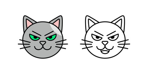 Two stylized cat head icons. One is colored gray with striking green eyes, while the other is a clean black outline. Both share a distinct grumpy or mischievous expression.