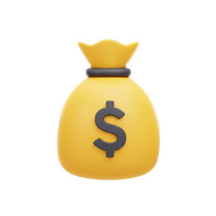 Three-dimensional yellow money bag featuring dollar symbol financial asset illustration