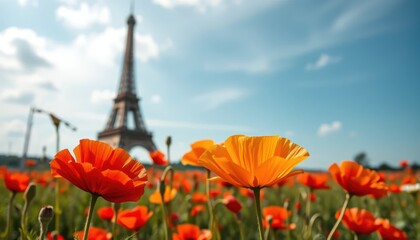 Eiffel Tower with poppy flowers field in front and blue sky background