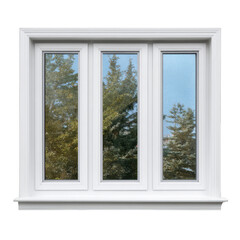 Modern white three panel window frame with reflective glass and greenery view isolated on transparent background
