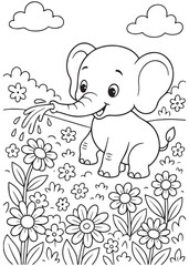 Coloring book elephant watering flowers.