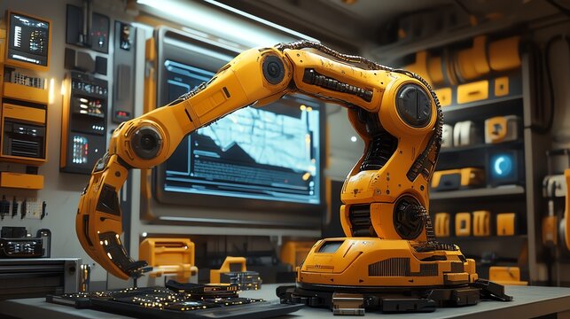 Industrial Yellow Robotic Arm in High-tech Laboratory Setting