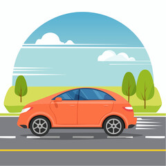 Side profile vector of a car driving on smooth asphalt road, motion effect added with speed lines, flat design, EPS or SVG exportable