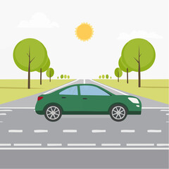 Clean vector of a green car driving on a straight gray asphalt road, with motion lines, flat modern style, suitable for editing in Illustrator