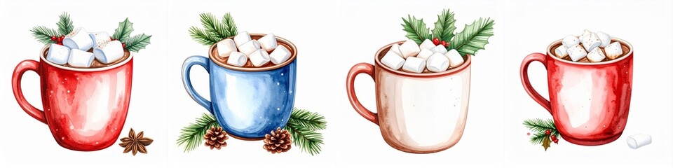 Four watercolor mugs filled with hot chocolate and marshmallows adorned with pine sprigs and berries