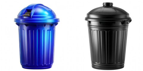 Two ribbed trash cans one blue and one black isolated on transparent background