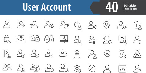 User Account Line Icons, Profile Avatar, Account Settings, User Login, Security Shield, Account Management, Editable Formats: AI, EPS, PNG, Ideal for Both Digital and Print Use
