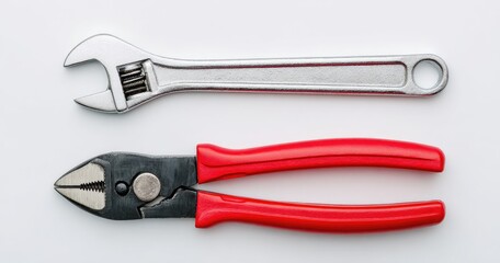 Overhead view of a silver adjustable wrench and red-handled needle-nose pliers on a white background