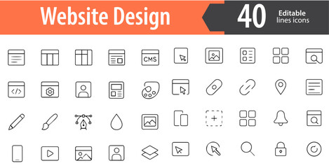 Website Design Line Icons, Wireframe Layout, Responsive Web Page, Color Palette, UX Tools, Design Preview, Editable Formats: AI, EPS, PNG, Ideal for Both Digital and Print Use
