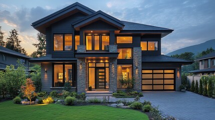 Modern house exterior at dusk, mountain view, illuminated, landscaped yard