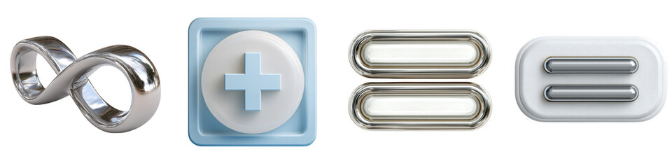 Obraz premium Abstract 3d icons featuring infinity symbol medical plus and equals signs isolated on transparent background