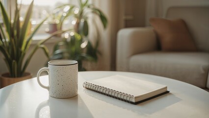 Sunlit living room, coffee mug and notebook rest on a round table near a sofa and plants.