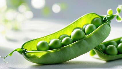 Close-up of fresh green peas in a split pod with dew, highlighting their vibrant color and natural freshness