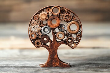 Obraz premium Rustic Metal Tree Sculpture with Interconnected Gears Artistic Decorative Piece