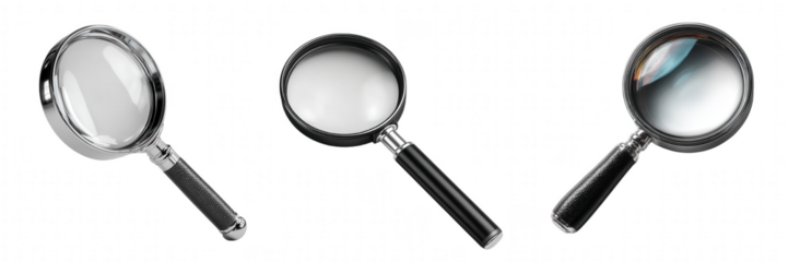 Three magnifying glasses with different handles isolated on transparent background