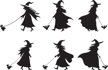 Witch Walking Bat On Leash silhouette