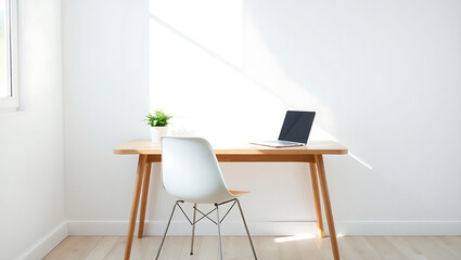 Bright Minimalist Office Workspace with Wooden Desk and Laptop