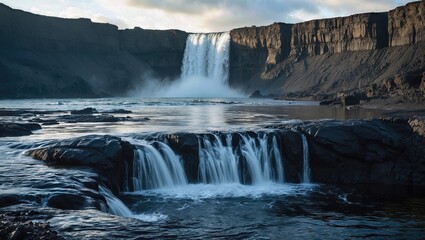 Majestic waterfall cascading over rocky cliffs into a serene river under a cloudy sky