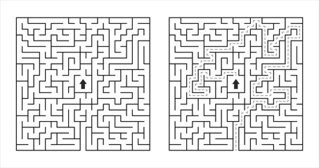Black and white vector square maze puzzle with solution path marked, simple clean lines design for adults and children, medium difficulty labyrinth game from center to exit