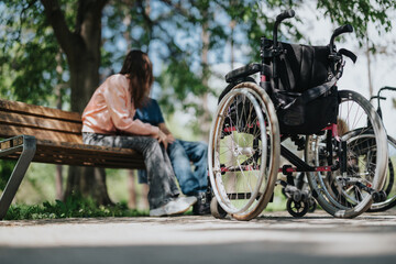 A wheelchair positioned nearby a couple sitting on a park bench, surrounded by greenery, sunlight...