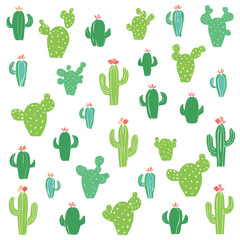 Cute green cactus plants with pink flowers seamless pattern background cacti succulent