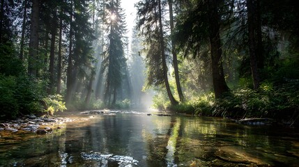 Gentle sunbeams illuminate a tranquil river flowing through a lush forest, creating a peaceful and serene atmosphere.