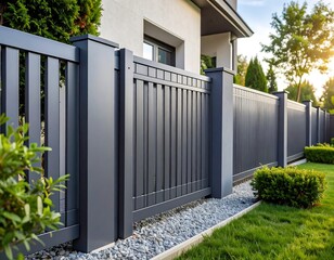 Modern gray fence bordering a house