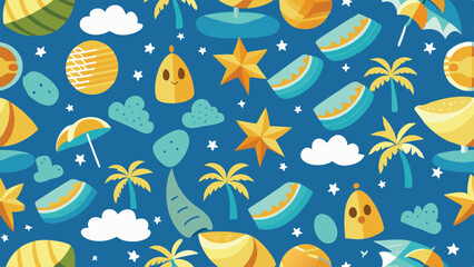 Cute yellow and blue beach pattern with palm trees and umbrellas summer vacation